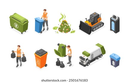 Isometric 3d garbage. Plastic waste containers, tank truck and composting tractor. Recycling industry workers, environmental care flawless vector set