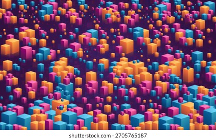 Isometric 3D geometric block cityscape of colorful cubes in blue, pink, and orange on a dark gradient background. Ideal for digital art, isometric design, gaming, and futuristic visuals.