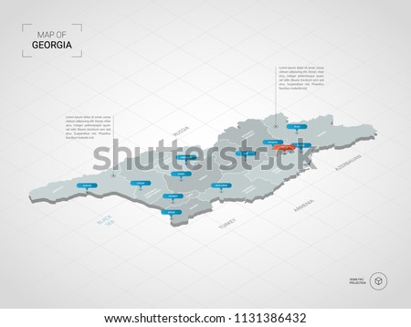 Isometric  3D Georgia map. Stylized vector map illustration with cities, borders, capital Tbilisi , administrative divisions and pointer marks; gradient background with grid. 