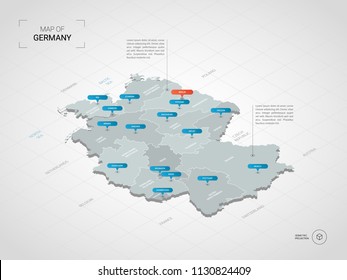 Isometric  3D Germany map. Stylized vector map illustration with cities, borders, capital Berlin, administrative divisions and pointer marks; gradient background with grid. 
