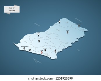 Isometric 3D Ghana map,  vector illustration with cities, borders, capital, administrative divisions and pointer marks; gradient blue background.  Concept for infographic.