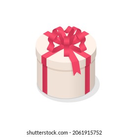 Caja de regalo isométrica 3d aislada en fondo blanco. Paquete de regalo blanco con cinta de arco rojo. Casilla sorpresa de forma redonda. Elemento de diseño de la decoración de la ilustración isométrica plana y colorida del vector.