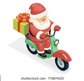 Isometric 3d Gift Box Santa Claus Delivery Courier Scooter Symbol Box Icon Concept Cartoon Isolated Flat Design Vector Illustration