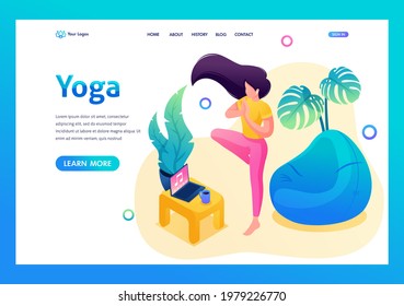 Isometric 3D. Girl Does Yoga At Home, Meditates To Music. Concept Of Landing Page.