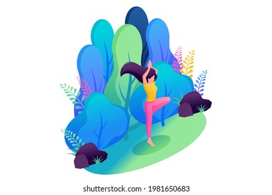 Isometric 3D. Girl Does Yoga In Nature, In The Park, Enjoying The Tranquility. Concept For Web Design