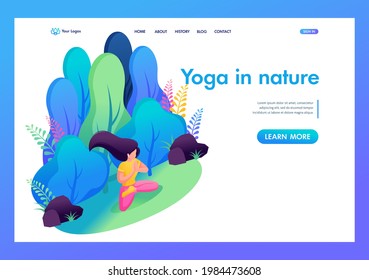 Isometric 3D. Girl Does Yoga In The Park, Meditation To Music. Concept Of Landing Page