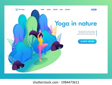 Isometric 3D. Girl Does Yoga In Nature, In The Park, Enjoying The Tranquility. Concept Of Landing Page