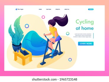 Isometric 3D. Girl Is Engaged In Sports At Home, Cycling. Concept For Landing Page