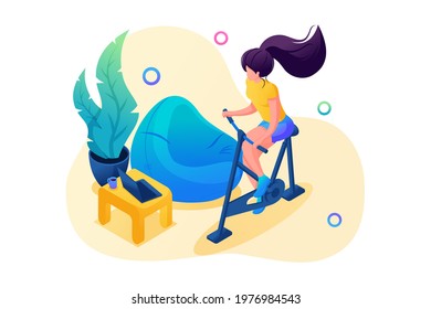 Isometric 3D. Girl Is Engaged In Sports At Home, Cycling. Concept For Web Design