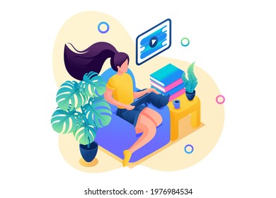 Isometric 3D. Girl at Home Schooling During The Pandemic, Online Training. Concept For Web Design
