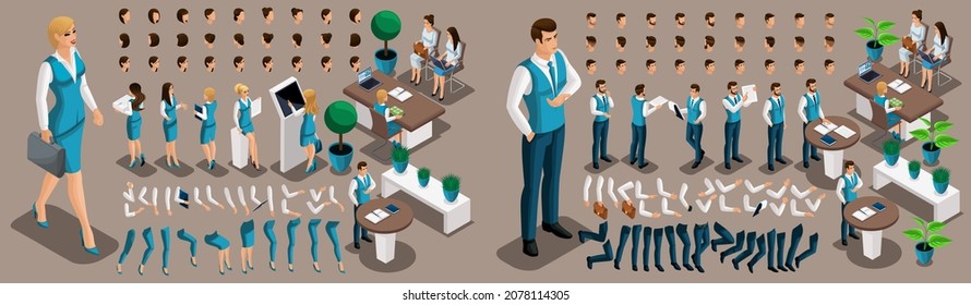 Isometric 3D Girl And Man Bank Employees, A Set Of Hand And Foot Gestures, Hairstyles, Emotions To Create Your Character. Create A Group Of Unique Characters. Set 1