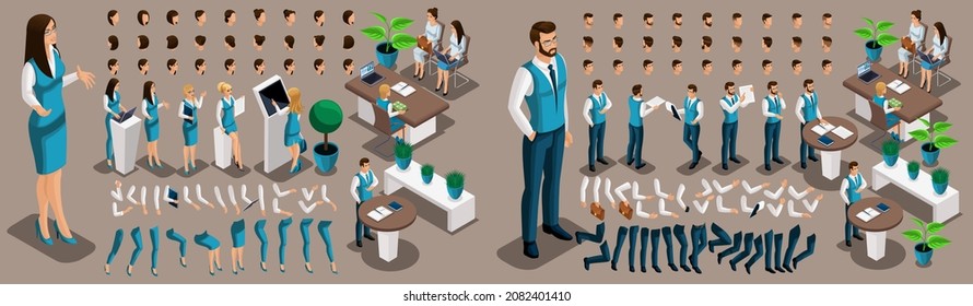 Isometric 3D girl and man bank employees, a set of hand and foot gestures, hairstyles, emotions to create your character. Create a group of unique characters. Set 1.