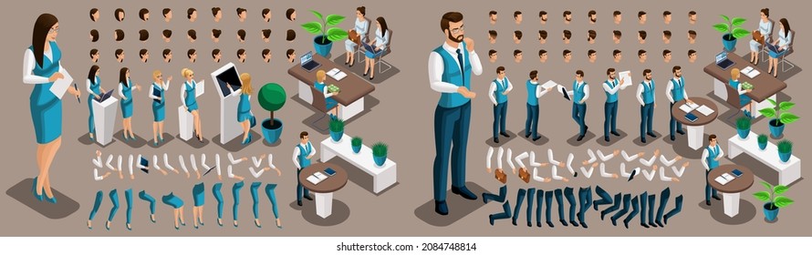 Isometric 3D girl and man bank employees, a set of hand and foot gestures, hairstyles, emotions to create your character. Create a group of unique characters. Set 4.