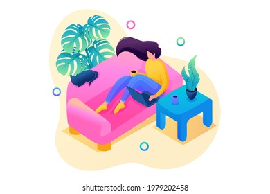 Isometric 3D. Girl Stays At Home During The Lockdown, The Epidemic. Concept For Web Design