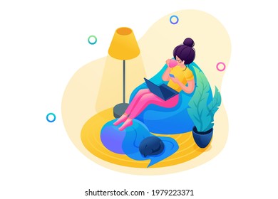 Isometric 3D. Girl Works In a Homely, Cozy Atmosphere. Concept For Web Design
