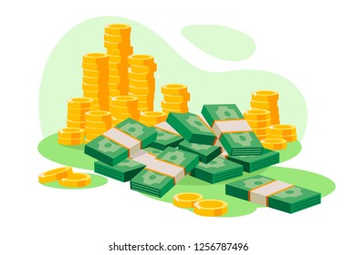 Isometric 3d golden coins, cash, wads of money. Concept bank storage, saving a lot of currency. Low poly. Vector illustration.