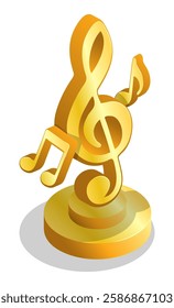 Isometric 3D golden music cup, award given for best vocal or musical work of year. Award ceremony prize for songwriters, performers and composers works. Vector isolated on white background