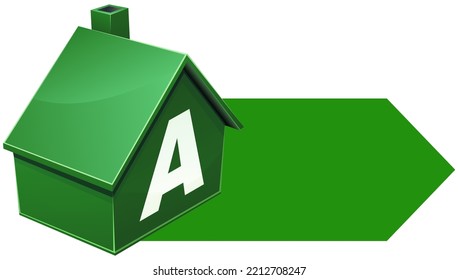 Isometric 3D green house with energy efficiency class A inscribed on it with an arrow (cut out)