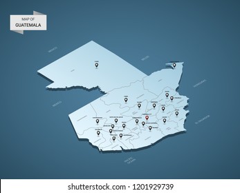 Isometric 3D Guatemala map,  vector illustration with cities, borders, capital, administrative divisions and pointer marks; gradient blue background.  Concept for infographic.