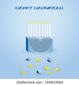 Isometric 3D Happy Hanukkah greeting card with traditional accessories as Menorah Lamp, candles, flames, coins and dreidels. 