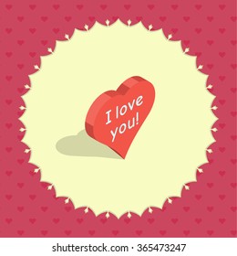 Isometric 3d heart in a round frame on abstract background with small hearts. Happy Valentine's Day.