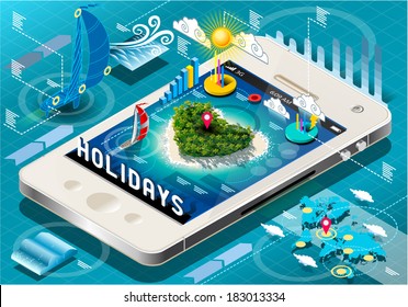 Isometric 3D Holidays Travel Infographic on Mobile Tablet Dreaming Vacations Sun Heart Island 3D Isometric Vector Mobile Infographic Illustration Travel Dream Holiday Application