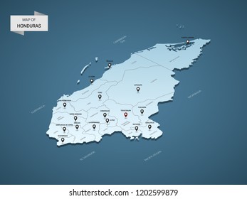 Isometric 3D Honduras map,  vector illustration with cities, borders, capital, administrative divisions and pointer marks; gradient blue background.  Concept for infographic.