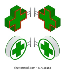 Isometric 3d hospital sign mounted on the wall, isometric 3d pharmacy sign, first aid isometric 3d, hospital cross icon, isolated  medicine vector sign in isometric style, heath care 3d