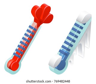 Isometrische 3D-Heiß- und Kaltthermometer-Icons mit einem gefrorenen mit Eis und Schnee und einem Bersten wegen der Hitze