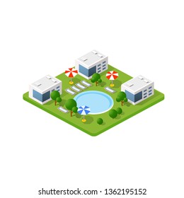 Isometric 3d hotel with a pool and umbrellas of urban infrastructure vector architecture. Modern white illustration for game design and business form background.