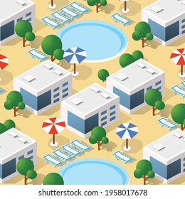 Isometric 3d hotel with a pool and umbrellas of urban infrastructure vector architecture. Modern white illustration for game design and business form background.
