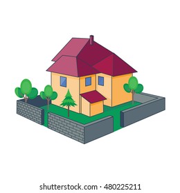 Isometric 3D house. Cute cottage with yard. Private building. vector illustration
