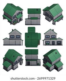 Isometric 3D House Model Views and Papercraft Template