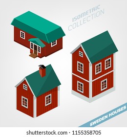 Isometric 3d houses in swedish style. Vector set. Editable illustration in red and green colors isolated on a light background. Real estate, rent and home concept. 