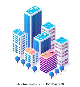 Isometric 3D icon city urban area with a lot of houses and skyscrapers, streets, trees