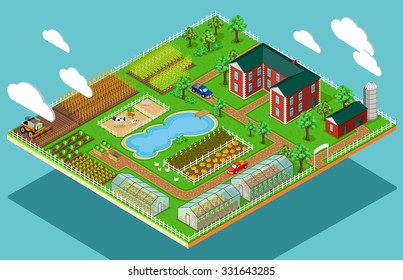 Isometric 3d icon flat farm agriculture. Field and nature organic, tree growth, natural garden, plant and harvest, rural and farmhouse, cow and greenhouse illustration