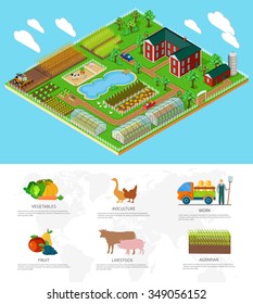 Isometric 3d icon flat farm agriculture. Field and nature organic, tree growth, natural garden, plant and harvest, rural and farmhouse, cow and greenhouse illustration. Infographic elements