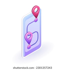 Isometric 3D icon Geolocation api mark, point location in Mobile App. Vector for website.