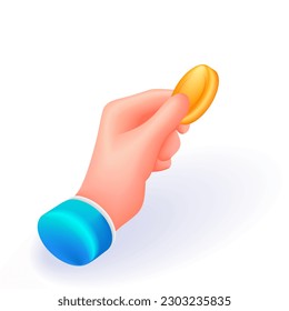 Isometric 3D icon hand of a businessman. Hand holds a credit gold coin. Cartoon minimal style. Vector for website
