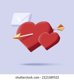 Isometric 3d ilustración de dos corazones golpeados con una flecha y sobre carta de amor, aislado saludo de San Valentín