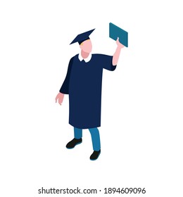 Isometric 3d icon of male graduating student in mantle and cap vector illustration