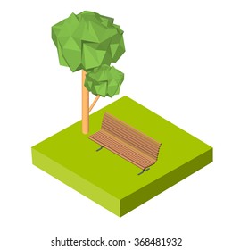 Isometric 3D icon. Pictograms bench on the grass and the tree. Vector illustration eps 10