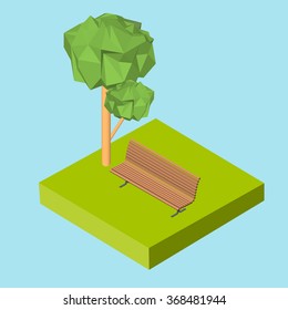 Isometric 3D icon. Pictograms bench on the grass and the tree. Vector illustration eps 10