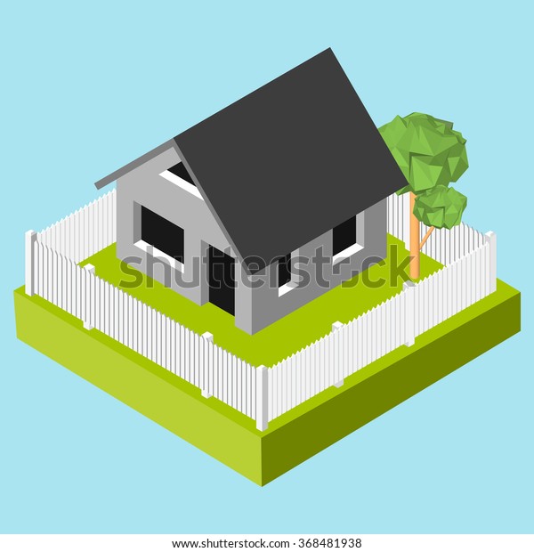 Isometric 3D icon. Pictograms house
with a white fence and trees. Vector illustration eps
10