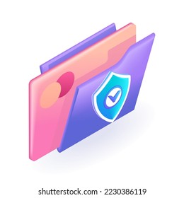Isometric 3D icon purple folder with credit card details. The concept of data storage. Cartoon minimal style. Vector for website.