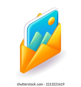 Isométrico icono 3D sobre amarillo de un correo electrónico con una imagen adjunta. Dibujo de estilo mínimo. Vector para sitio web.