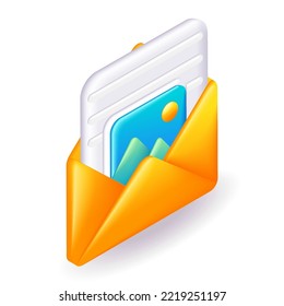 Isometric 3D icono sobre amarillo contiene un periódico con fotos. Dibujo de estilo mínimo. Vector para sitio web.