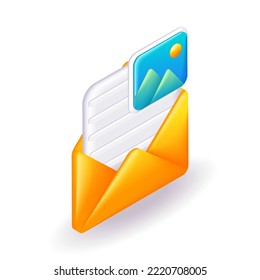 Isometric icono 3D sobre amarillo de un correo electrónico con un documento adjunto y una ilustración. Dibujo de estilo mínimo. Vector para sitio web.