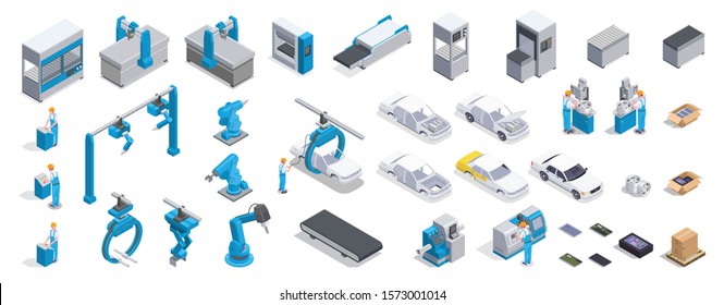 Isometric 3d icons set with male mechanics repair parts and automated industrial equipment for car production isolated on white background vector illustration