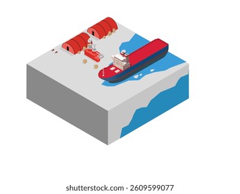 Isometric 3d illustration of Arctic scene with a cargo ship or icebreaker near a research base or outpost representing polar exploration and scientific research in the Arctic